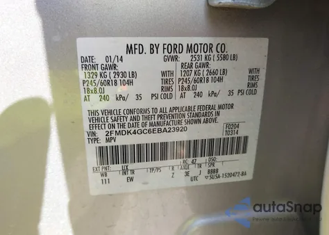 2014 Ford Edge Se из США, поврежденный, VIN 2FMDK4GC6EBA23920